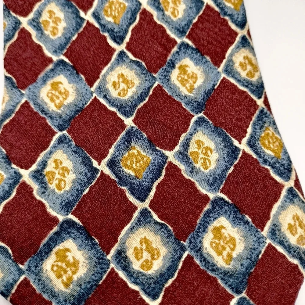 Lamberti Men's Tie Silk Maroon Blue Gold Geometric Pattern Made in Italy